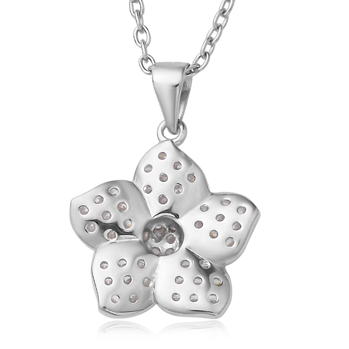 Simulated Diamond Flower Pendant in Rhodium Over Sterling Silver with Stainless Steel Necklace 20 Inches image number 4