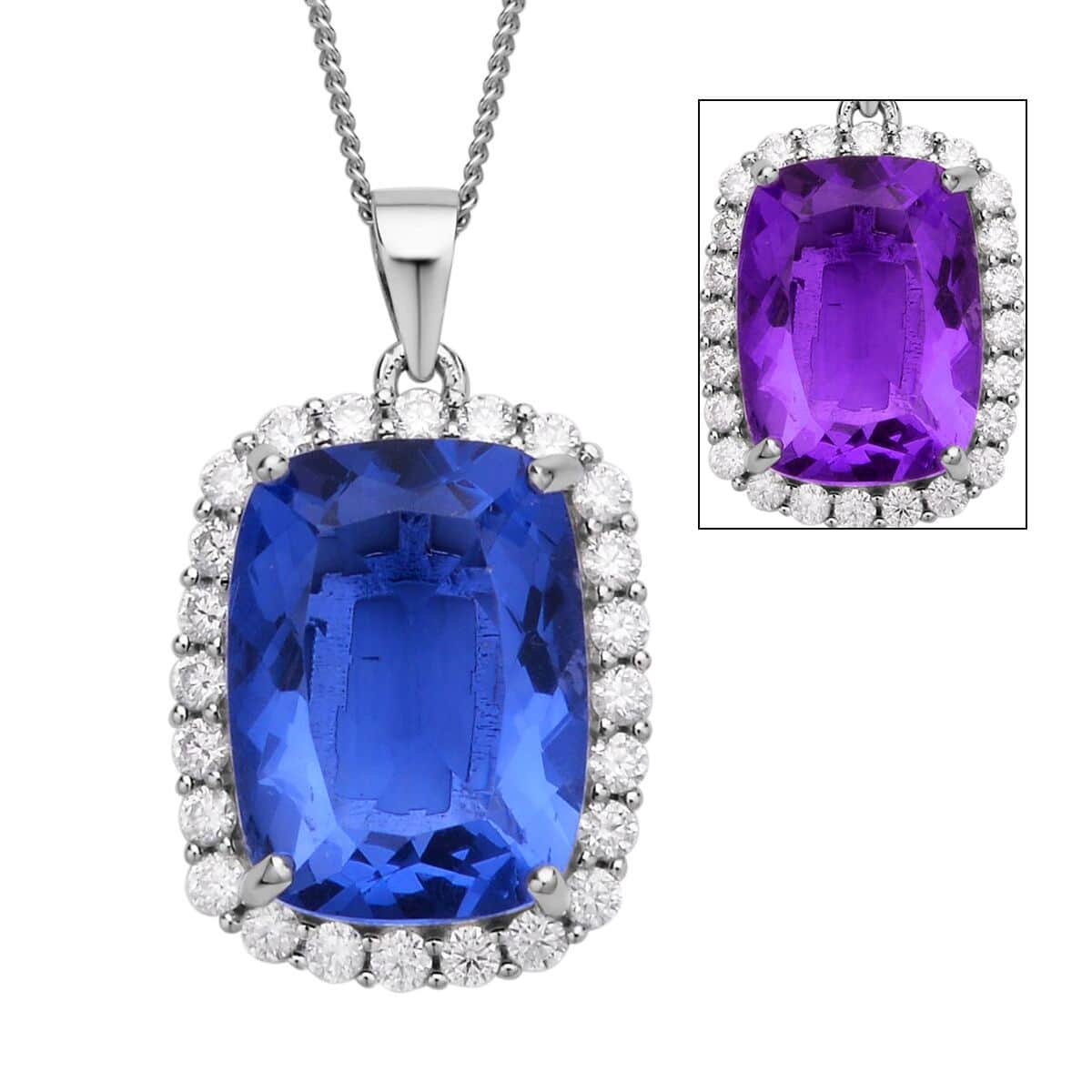 Color Change Fluorite and Moissanite Halo Pendant Necklace 18 Inches in Rhodium Over Sterling Silver 12.85 ctw image number 0