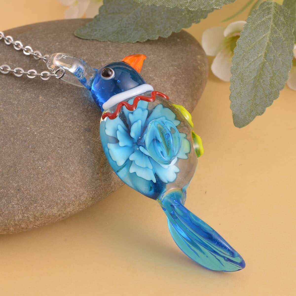 Multi Color Murano Style Bird Pendant Necklace 24 Inches in Stainless Steel image number 2