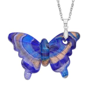 Blue Color Murano Style Butterfly Pendant Necklace 24 Inches in Stainless Steel