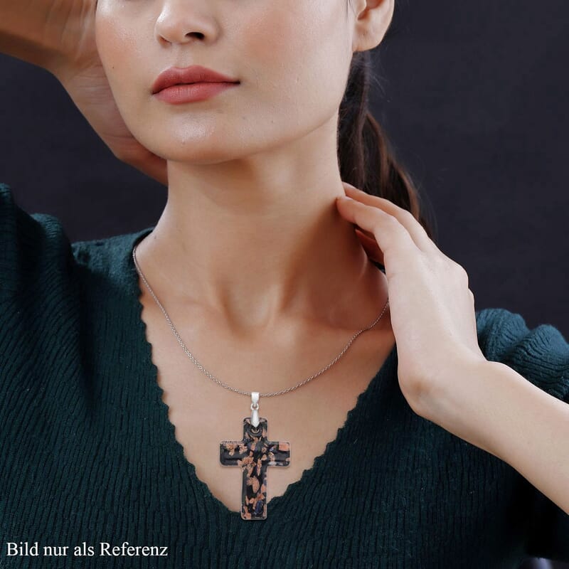 Black Murano Style Cross Pendant Necklace 24 Inches in Stainless Steel