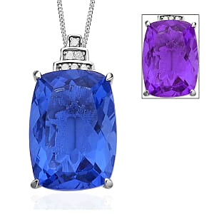 Color Change Fluorite and Diamond Pendant Necklace 18 Inches in Rhodium Over Sterling Silver 16.00 ctw