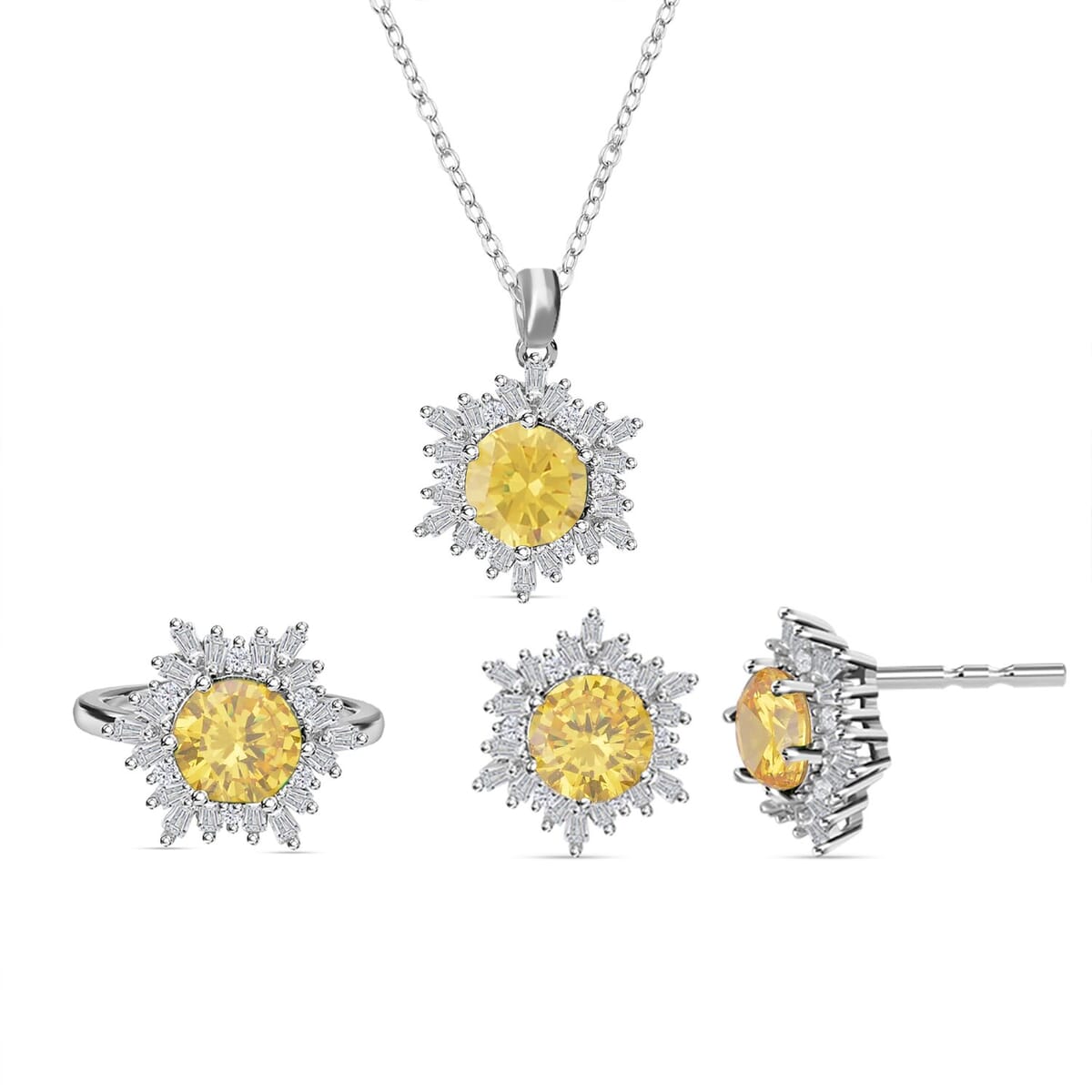 Simulated Yellow and White Diamond Ring Earrings and Pendant Necklace 20-22 Inches in Silvertone 9.20 ctw image number 0