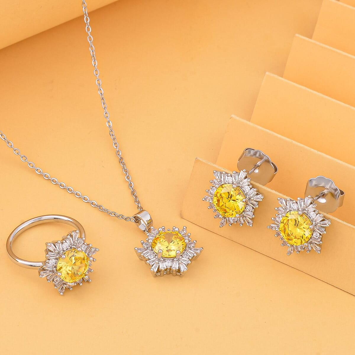 Simulated Yellow and White Diamond Ring Earrings and Pendant Necklace 20-22 Inches in Silvertone 9.20 ctw image number 1