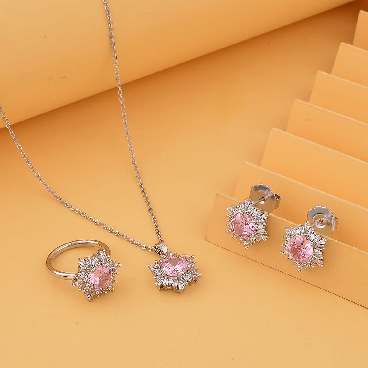 Simulated Pink and White Diamond Ring (Size 10.0) Earrings and Pendant Necklace 20-22 Inches in Silvertone 9.20 ctw image number 1