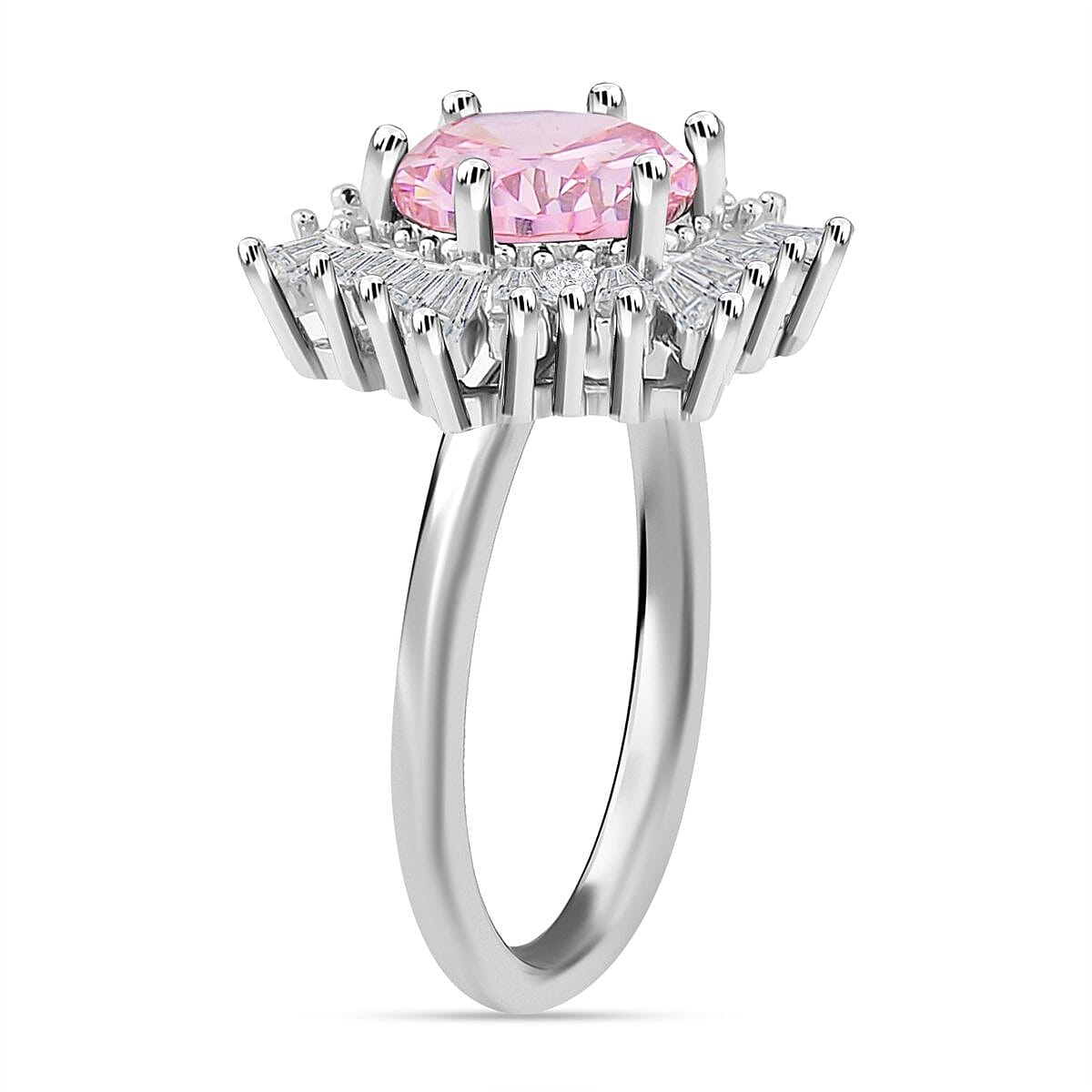 Simulated Pink and White Diamond Ring (Size 10.0) Earrings and Pendant Necklace 20-22 Inches in Silvertone 9.20 ctw image number 3