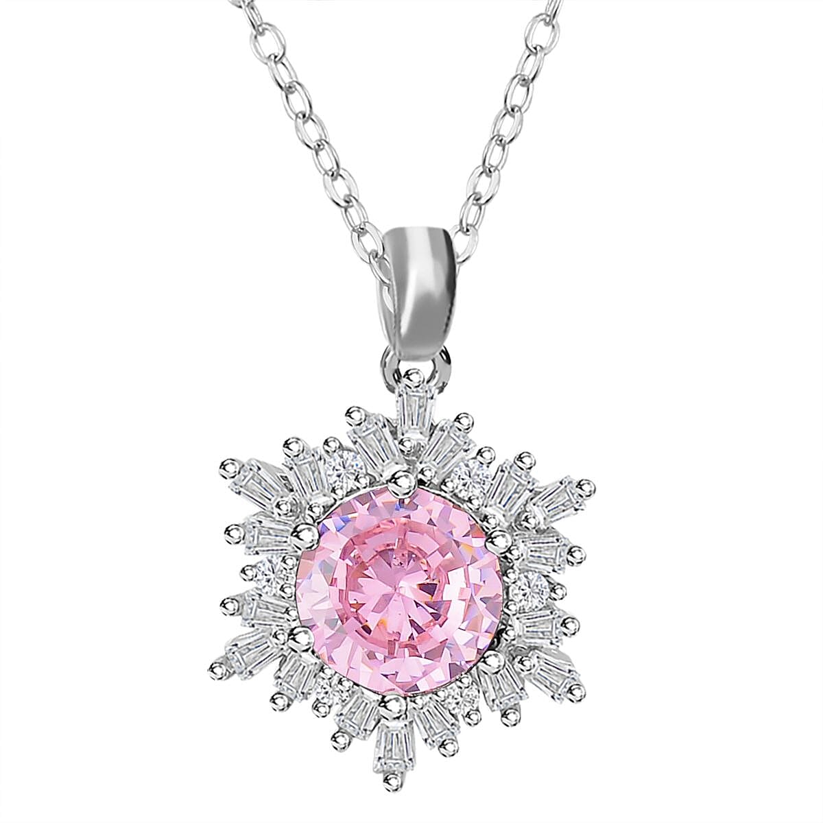 Simulated Pink and White Diamond Ring (Size 10.0) Earrings and Pendant Necklace 20-22 Inches in Silvertone 9.20 ctw image number 5
