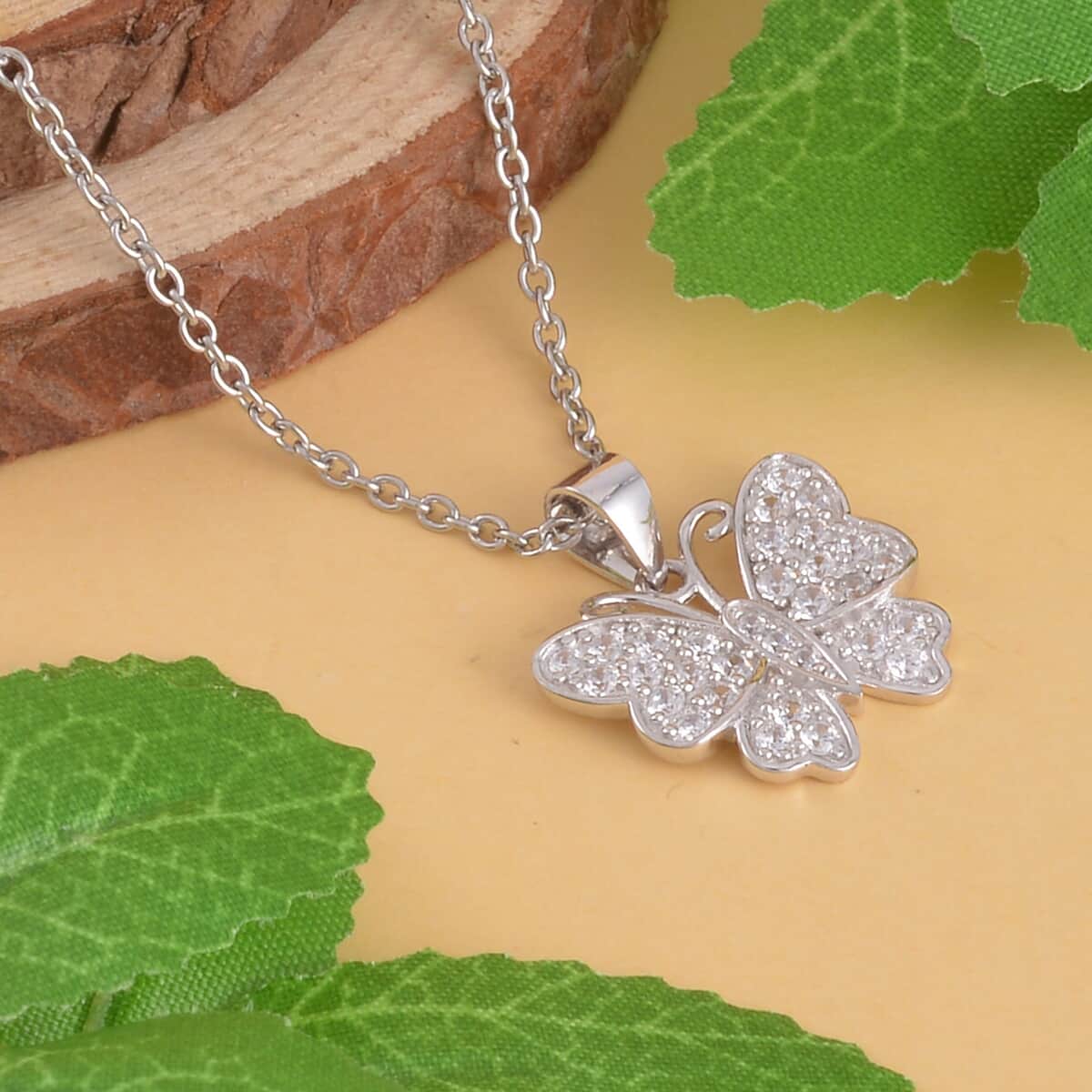 Simulated White Diamond Butterfly Pendant Necklace 20 Inches in Rhodium Over Sterling Silver 0.75 ctw image number 1