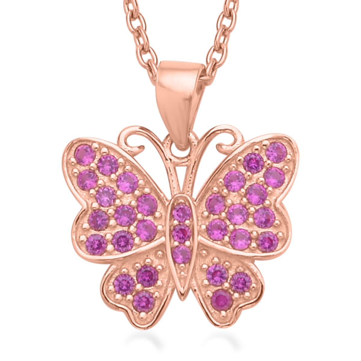 Simulated Ruby Color Diamond Butterfly Pendant Necklace 20 Inches in 14K Rose Gold Over Sterling Silver 0.75 ctw image number 0