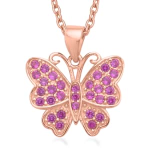 Simulated Ruby Color Diamond Butterfly Pendant Necklace 20 Inches in 14K Rose Gold Over Sterling Silver 0.75 ctw