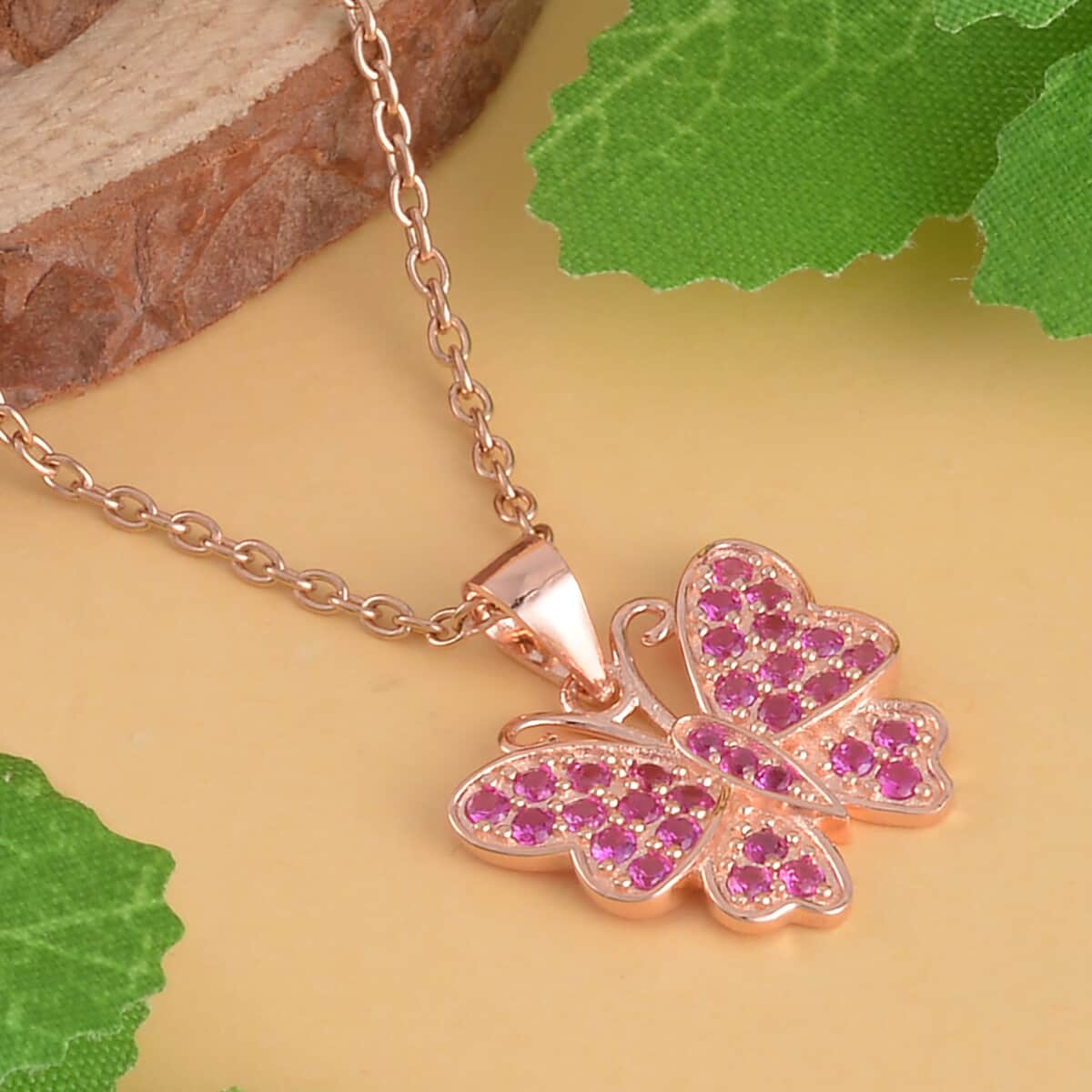 Simulated Ruby Color Diamond Butterfly Pendant Necklace 20 Inches in 14K Rose Gold Over Sterling Silver 0.75 ctw image number 1