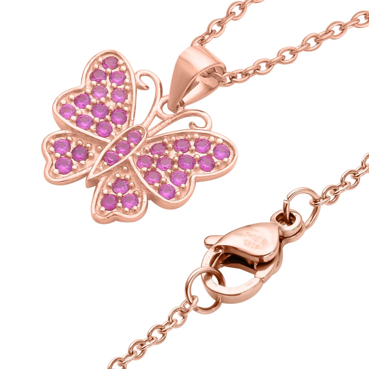 Simulated Ruby Color Diamond Butterfly Pendant Necklace 20 Inches in 14K Rose Gold Over Sterling Silver 0.75 ctw image number 3