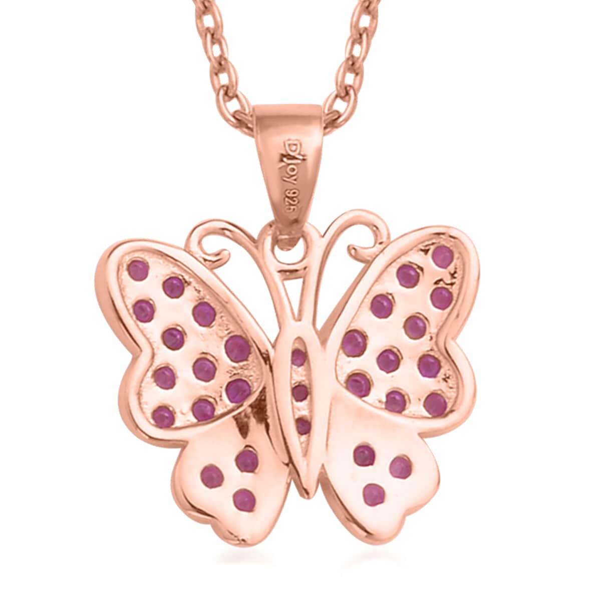 Simulated Ruby Color Diamond Butterfly Pendant Necklace 20 Inches in 14K Rose Gold Over Sterling Silver 0.75 ctw image number 4