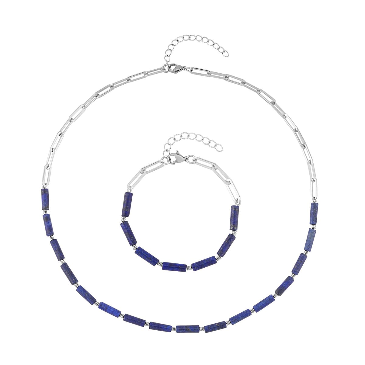 Lapis Lazuli Barrel Paper Clip Chain Necklace 20-22Inches and Bracelet (7.5-9.0In) in Stainless Steel 65.00 ctw image number 0