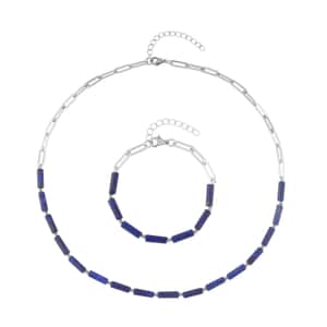 Lapis Lazuli Barrel Paper Clip Chain Necklace (20-22Inches) and Bracelet (7.5-9.0In) in Stainless Steel 65.00 ctw , Tarnish-Free, Waterproof, Sweat Proof Jewelry