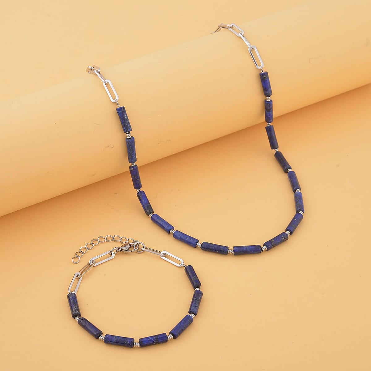 Lapis Lazuli Barrel Paper Clip Chain Necklace 20-22Inches and Bracelet (7.5-9.0In) in Stainless Steel 65.00 ctw image number 1