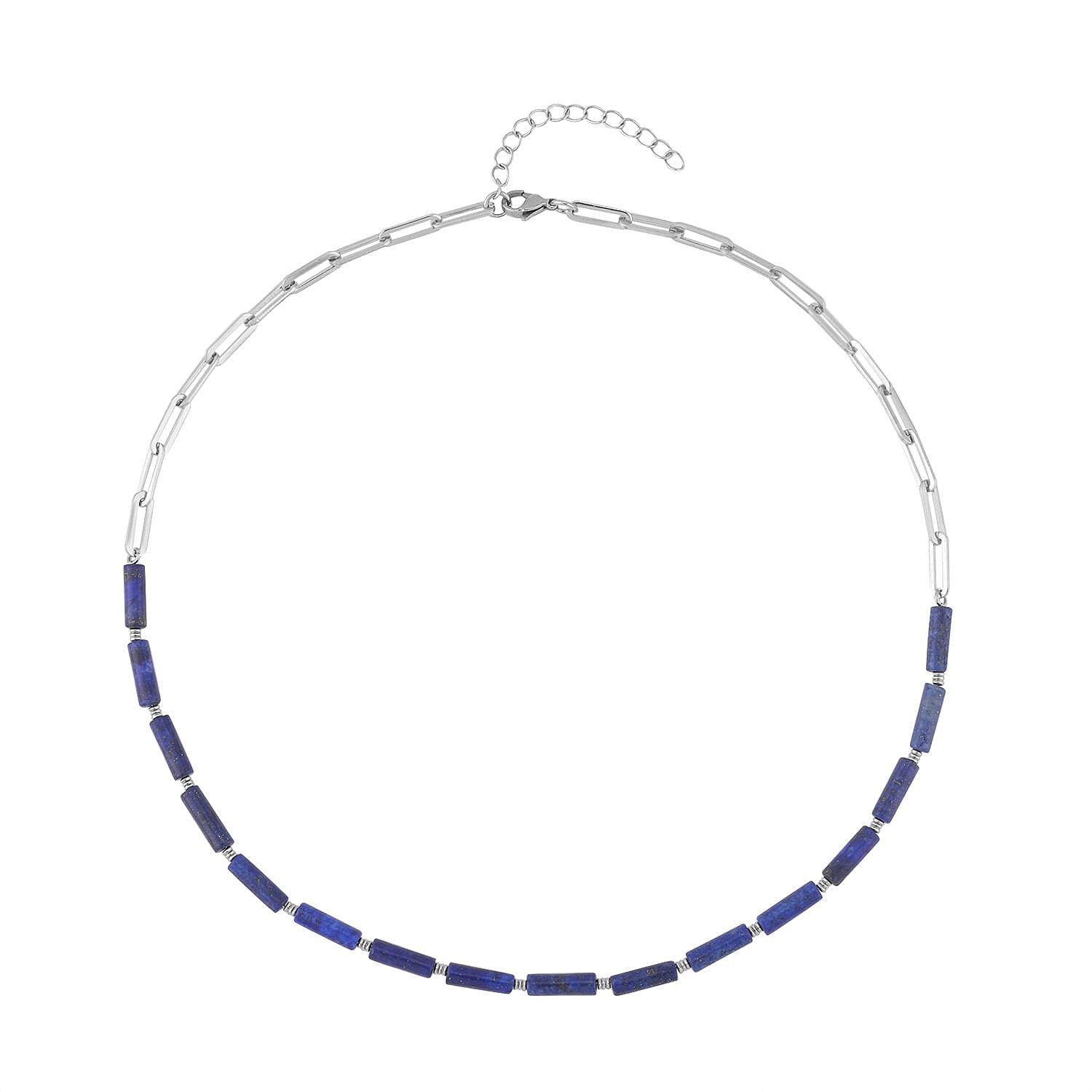 Lapis Lazuli Barrel Paper Clip Chain Necklace (20-22Inches) and Bracelet (7.5-9.0In) in Stainless Steel 65.00 ctw , Tarnish-Free, Waterproof, Sweat Proof Jewelry