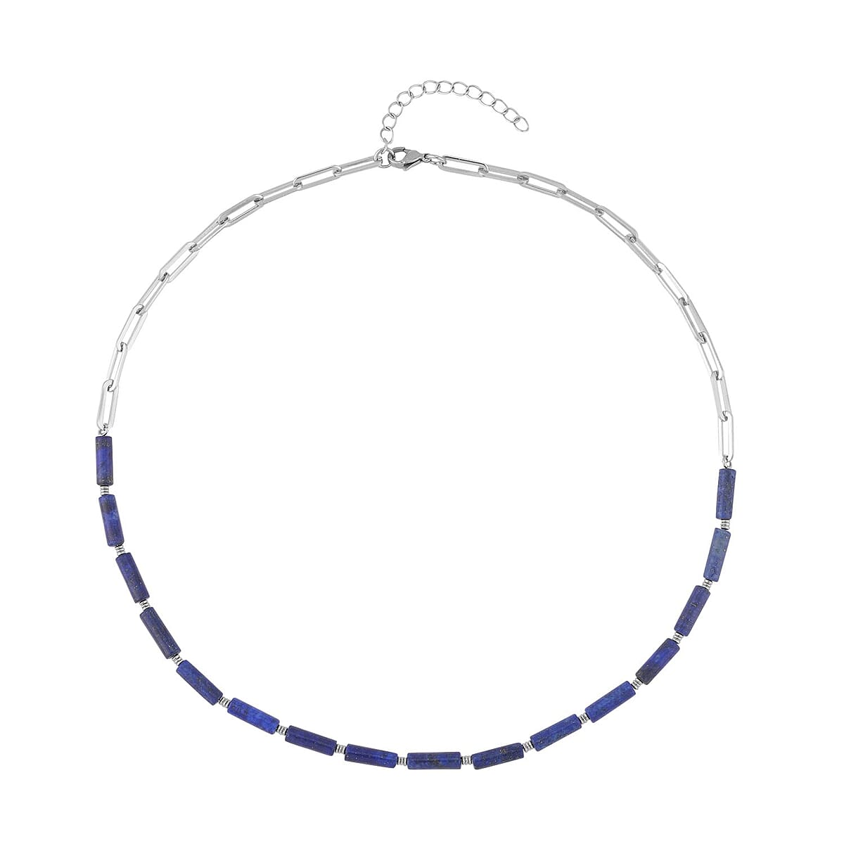 Lapis Lazuli Barrel Paper Clip Chain Necklace 20-22Inches and Bracelet (7.5-9.0In) in Stainless Steel 65.00 ctw image number 2