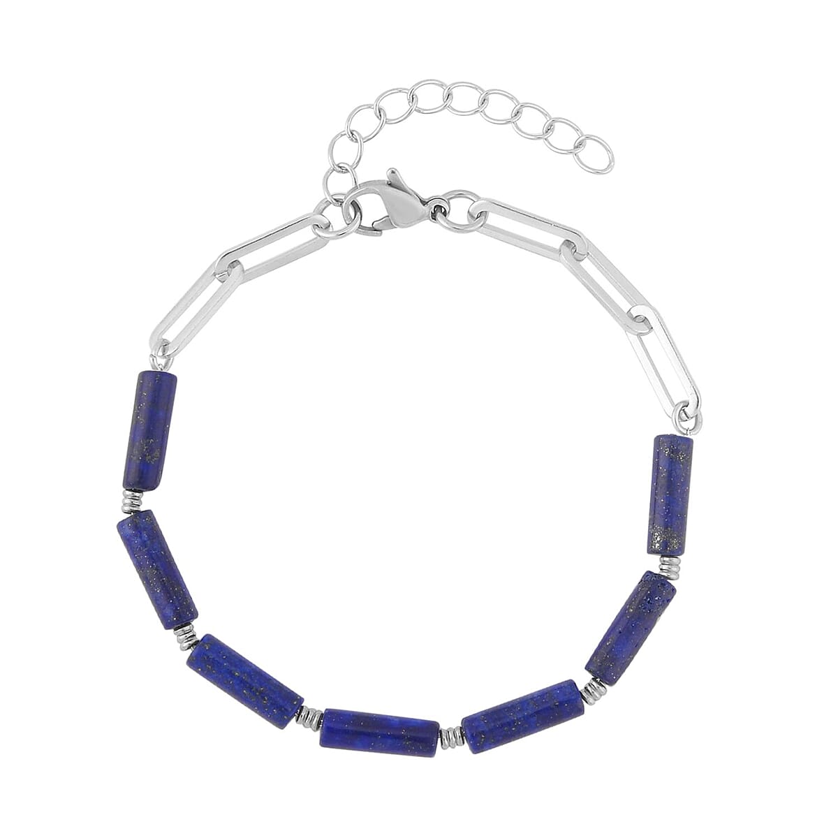 Lapis Lazuli Barrel Paper Clip Chain Necklace 20-22Inches and Bracelet (7.5-9.0In) in Stainless Steel 65.00 ctw image number 5