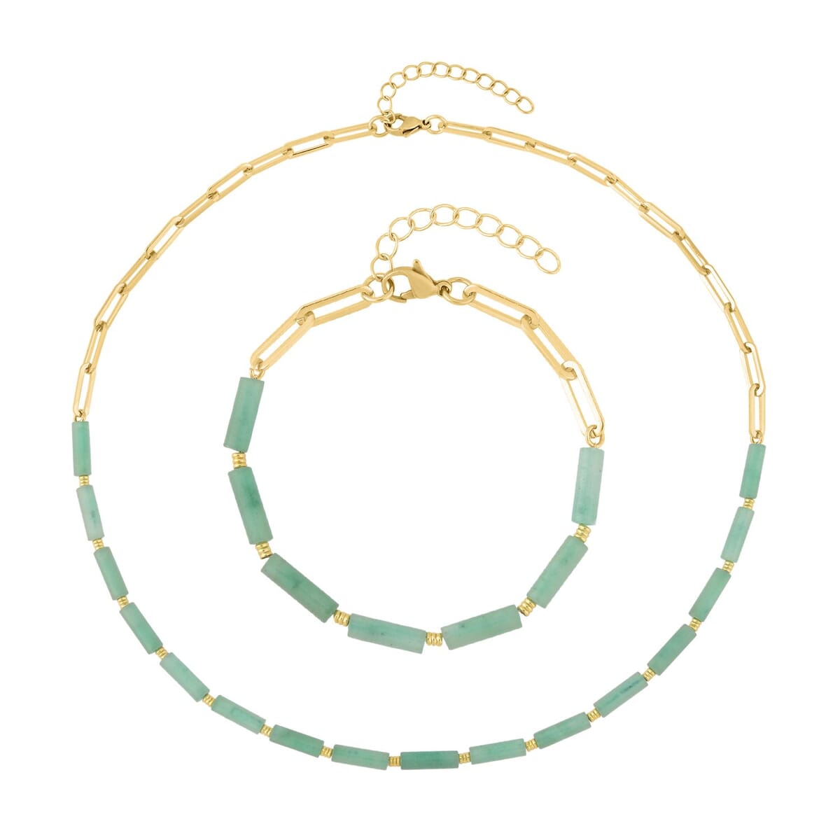 Green Aventurine Barrel Paper Clip Chain Necklace (20-22Inches) and Bracelet (7.5-9.0In) in ION Plated YG Stainless Steel 65.00 ctw , Tarnish-Free, Waterproof, Sweat Proof Jewelry image number 0