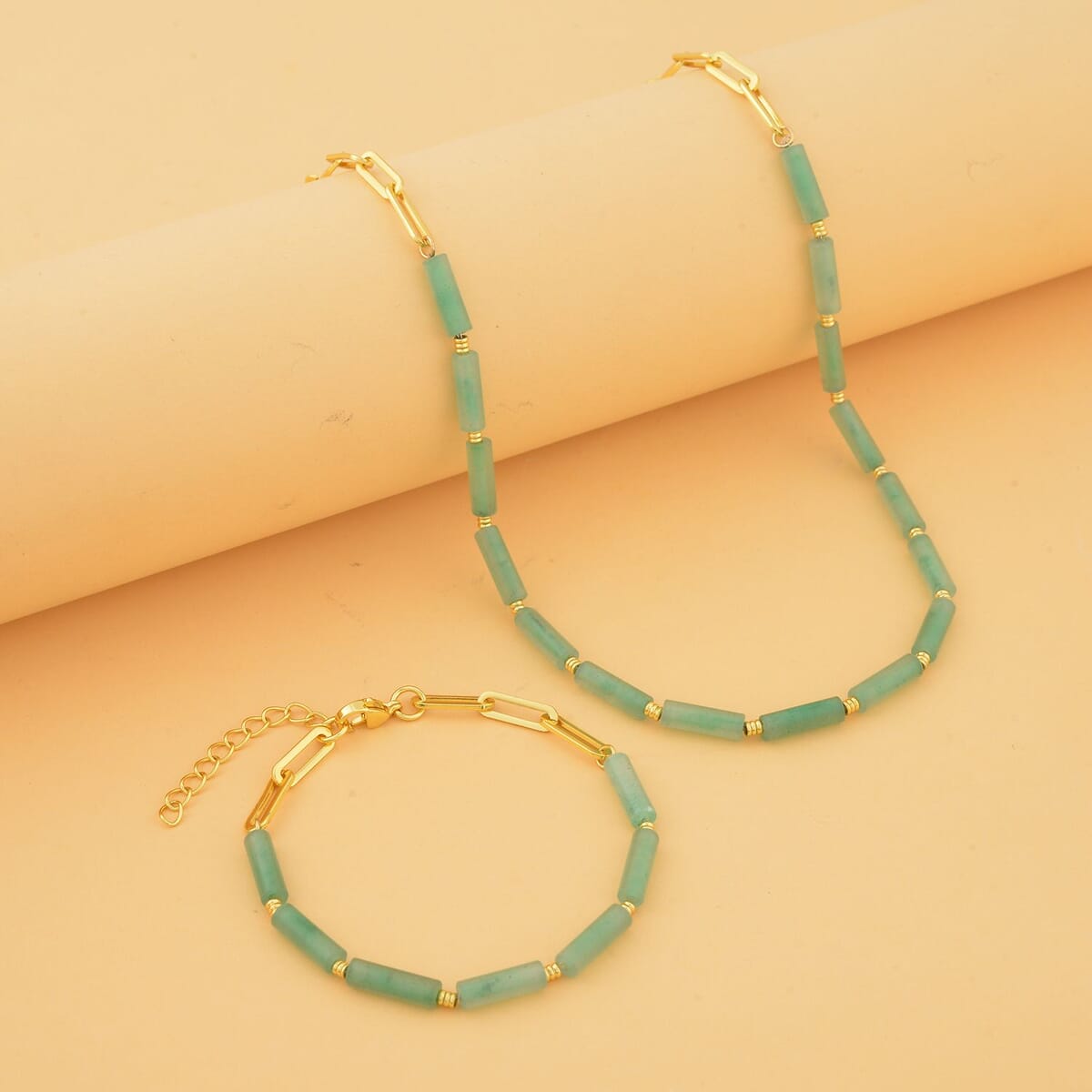Green Aventurine Barrel Paper Clip Chain Necklace (20-22Inches) and Bracelet (7.5-9.0In) in ION Plated YG Stainless Steel 65.00 ctw , Tarnish-Free, Waterproof, Sweat Proof Jewelry image number 1