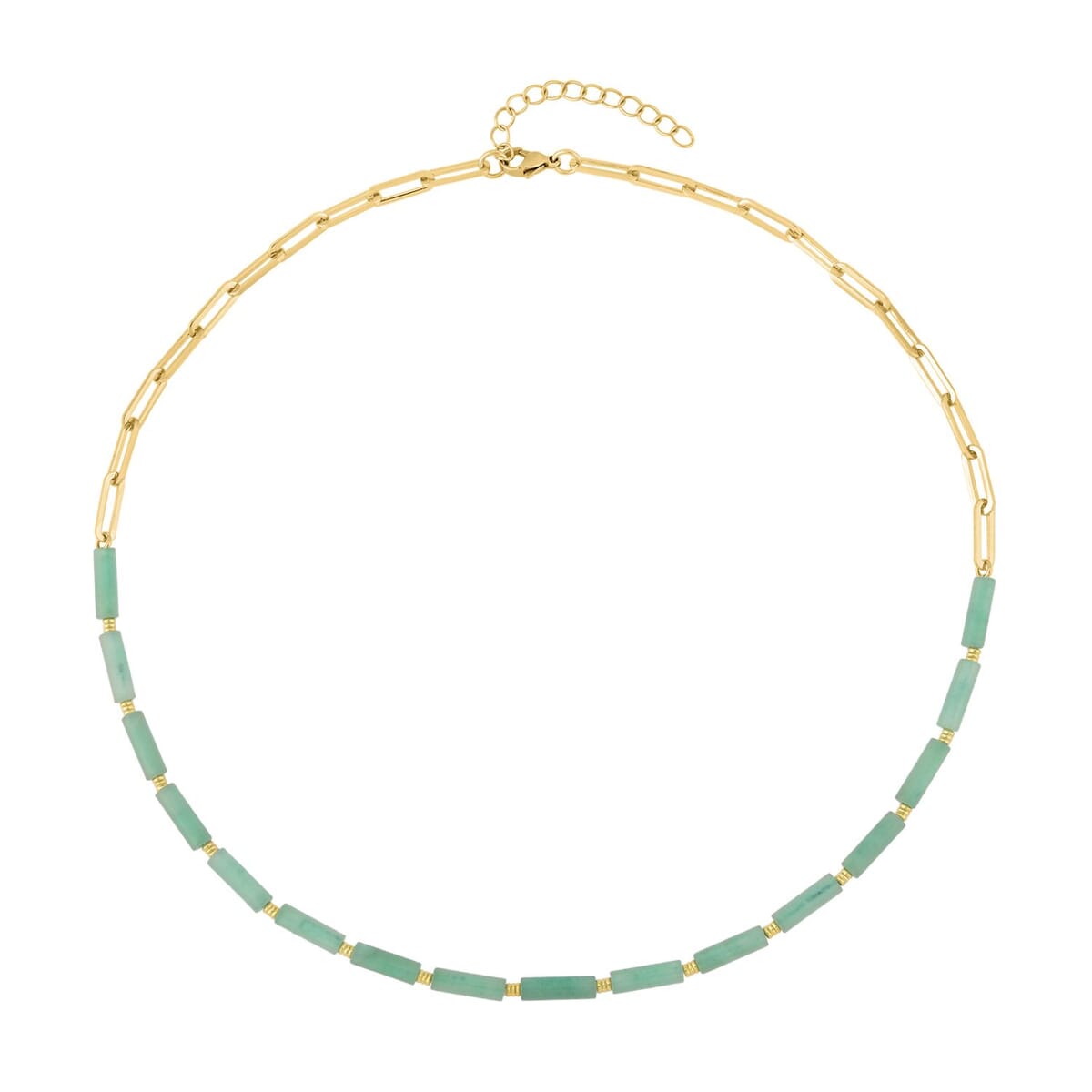 Green Aventurine Barrel Paper Clip Chain Necklace (20-22Inches) and Bracelet (7.5-9.0In) in ION Plated YG Stainless Steel 65.00 ctw , Tarnish-Free, Waterproof, Sweat Proof Jewelry image number 2