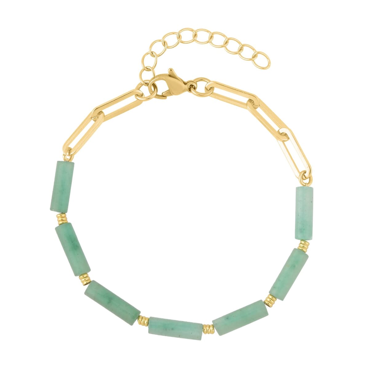 Green Aventurine Barrel Paper Clip Chain Necklace (20-22Inches) and Bracelet (7.5-9.0In) in ION Plated YG Stainless Steel 65.00 ctw , Tarnish-Free, Waterproof, Sweat Proof Jewelry image number 5