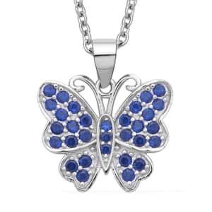 Simulated Blue Sapphire Color Diamond Butterfly Pendant Necklace 20 Inches in Rhodium Over Sterling Silver 0.75 ctw