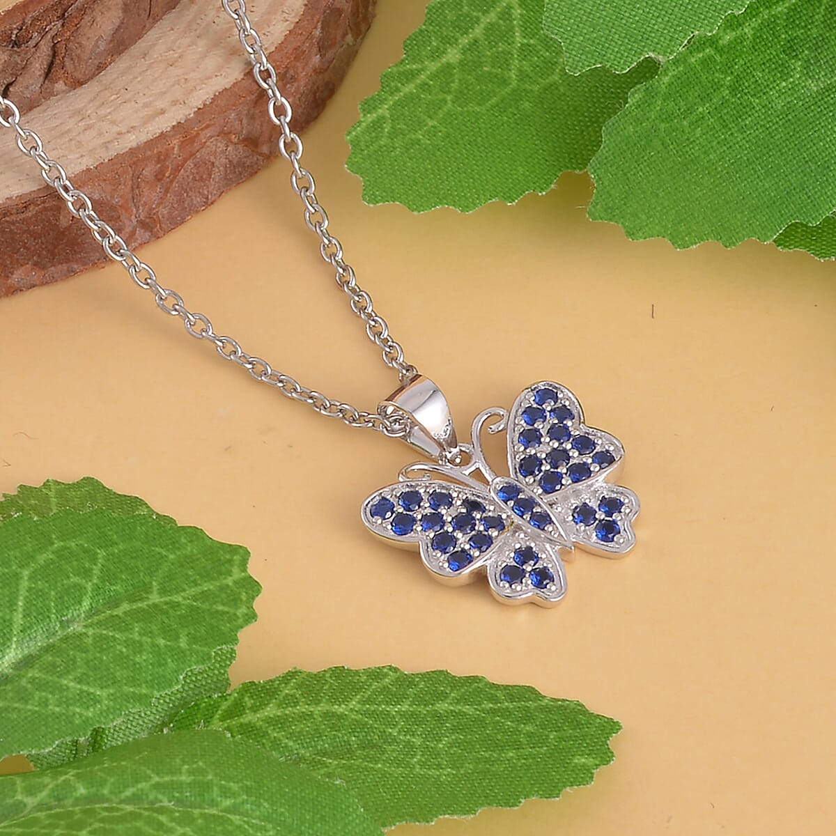 Simulated Blue Sapphire Color Diamond Butterfly Pendant Necklace 20 Inches in Rhodium Over Sterling Silver 0.75 ctw image number 1