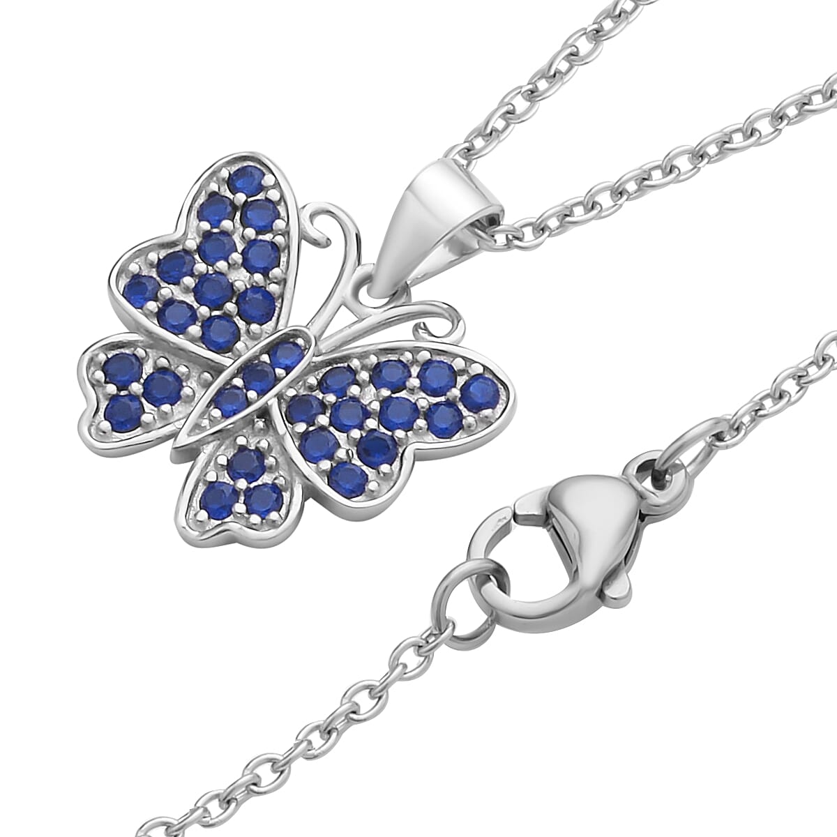 Simulated Blue Sapphire Color Diamond Butterfly Pendant Necklace 20 Inches in Rhodium Over Sterling Silver 0.75 ctw image number 3