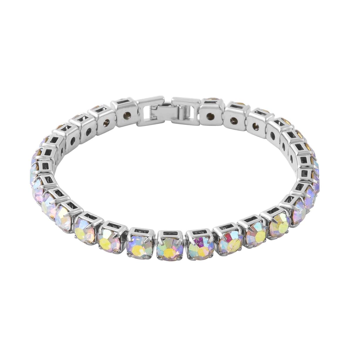 Aurora Borealis Color Austrian Crystal Tennis Bracelet (7.50In) and Bracelet Buddy in SilvertoneAurora Borealis Color Austrian Crystal Tennis Bracelet (7.50In) and Bracelet Buddy in Silverto image number 2