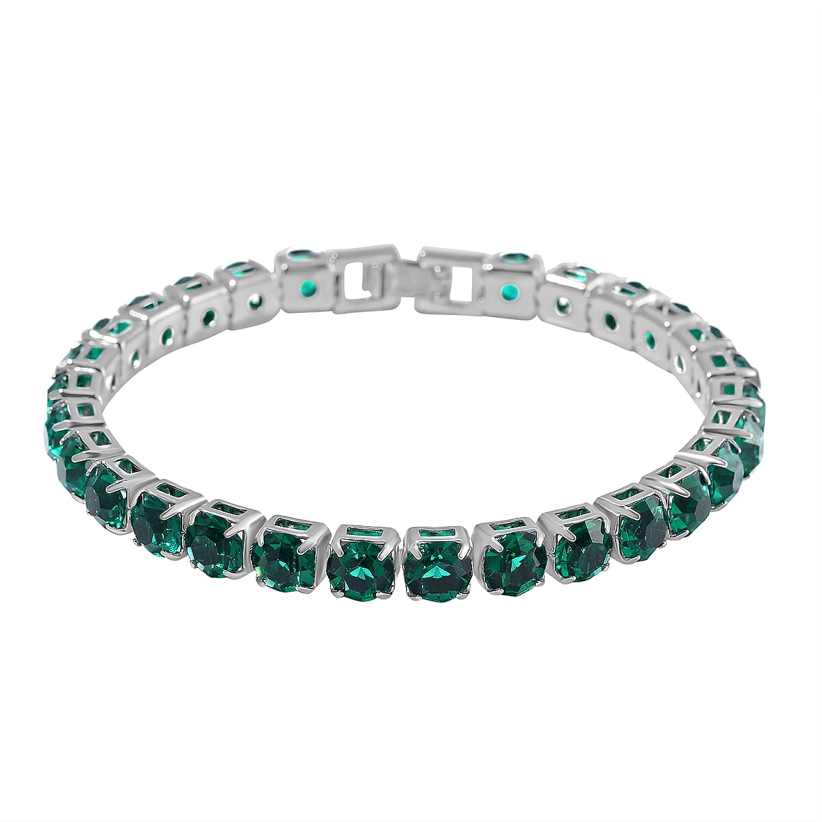 Doorbuster Green Austrian Crystal Tennis Bracelet (7.50In) and Bracelet Helper in Silvertone image number 4