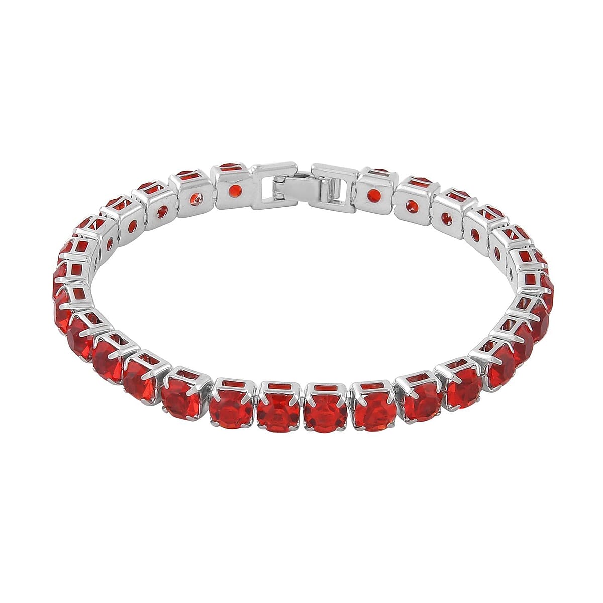 Doorbuster Red Austrian Crystal Tennis Bracelet (7.50In) and Bracelet Helper in Silvertone image number 2