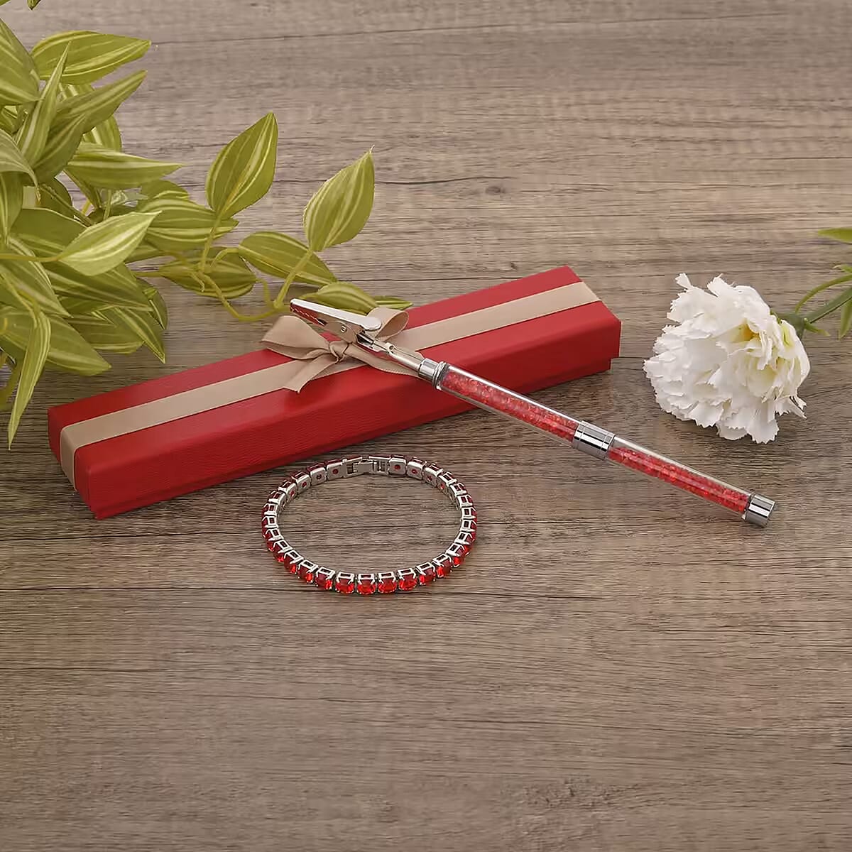 Doorbuster Red Austrian Crystal Tennis Bracelet (7.50In) and Bracelet Helper in Silvertone image number 7