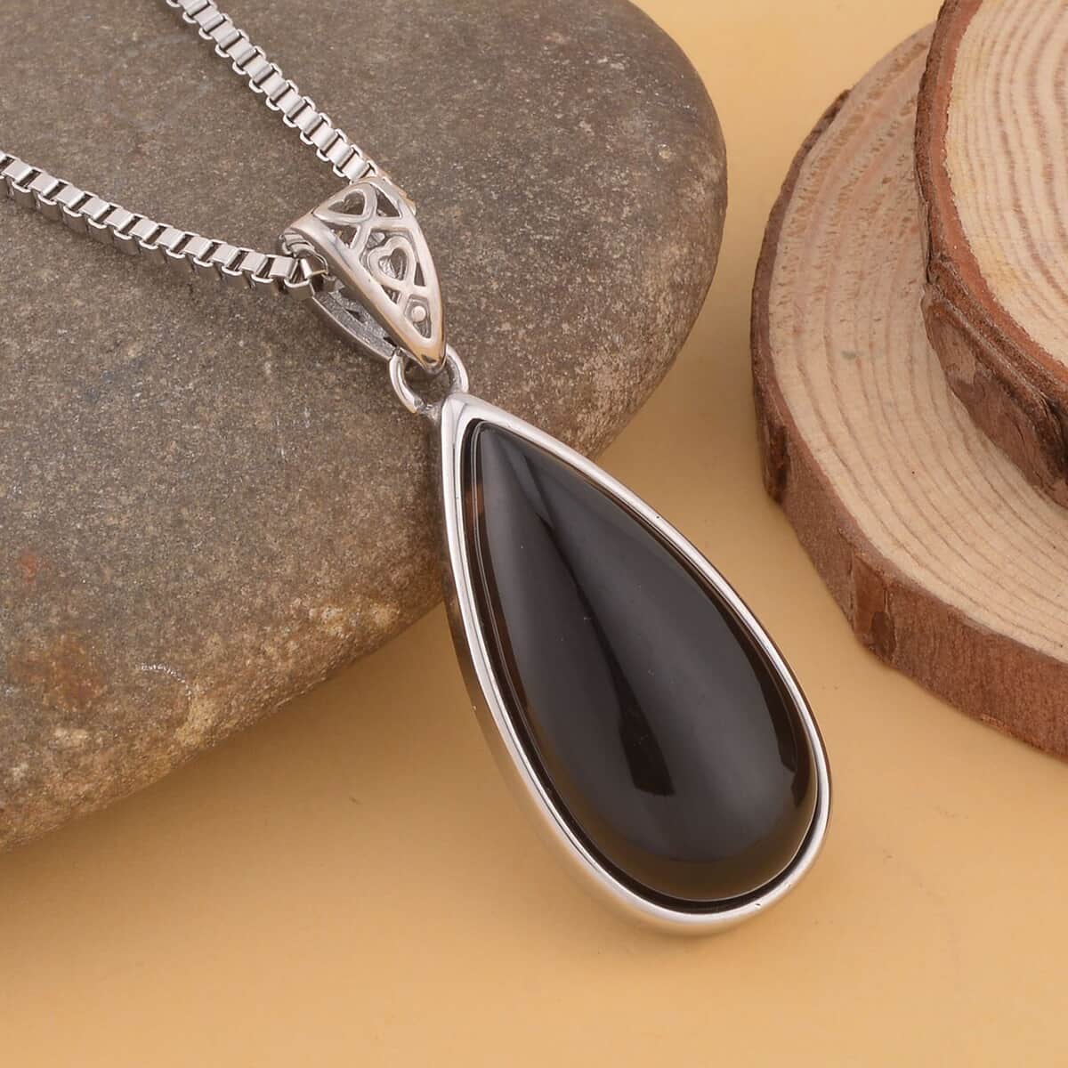 Brazilian Smoky Quartz Pear Shaped Pendant Necklace (20 Inches) in Stainless Steel 60.00 ctw , Tarnish-Free, Waterproof, Sweat Proof Jewelry image number 1