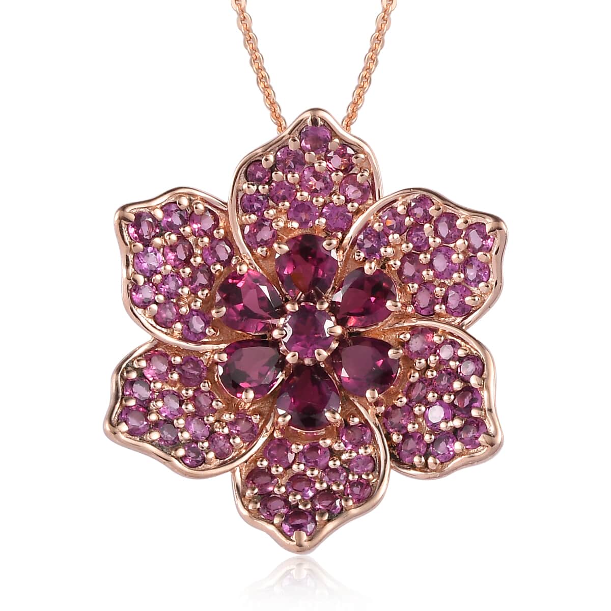Orissa Rhodolite Garnet Floral Pendant Necklace 20 Inches in Vermeil Rose Gold Over Sterling Silver 5.25 ctw image number 0