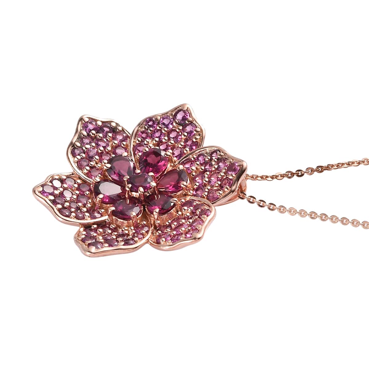 Orissa Rhodolite Garnet Floral Pendant Necklace 20 Inches in Vermeil Rose Gold Over Sterling Silver 5.25 ctw image number 3
