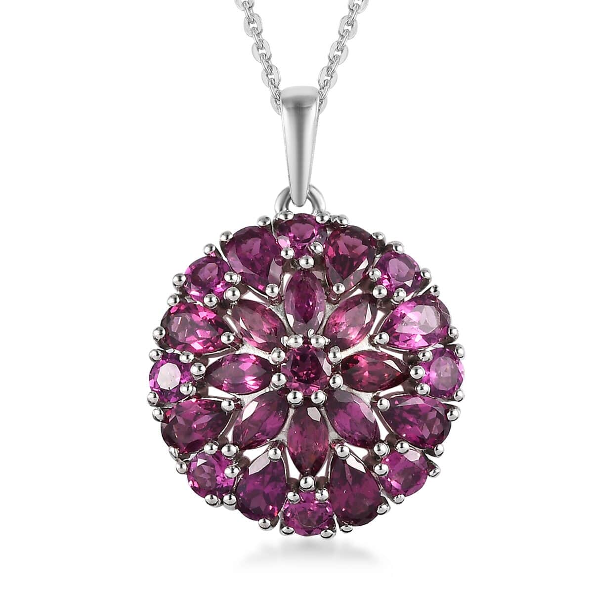 Orissa Rhodolite Garnet Floral Pendant Necklace 20 Inches in Platinum Over Sterling Silver 4.85 ctw image number 0