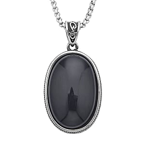 Black Obsidian Pendant Necklace (20 Inches) in Stainless Steel 50.00 ctw , Tarnish-Free, Waterproof, Sweat Proof Jewelry