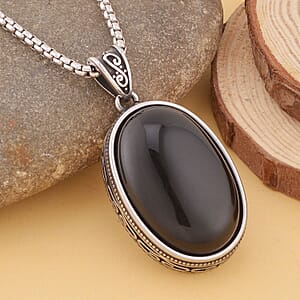 Black Obsidian Pendant Necklace (20 Inches) in Stainless Steel 50.00 ctw , Tarnish-Free, Waterproof, Sweat Proof Jewelry