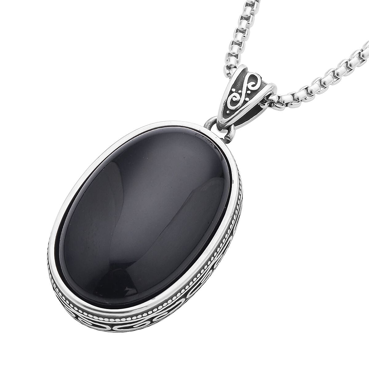 Black Obsidian Pendant Necklace (20 Inches) in Stainless Steel 50.00 ctw , Tarnish-Free, Waterproof, Sweat Proof Jewelry image number 2