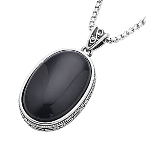 Black Obsidian Pendant Necklace (20 Inches) in Stainless Steel 50.00 ctw , Tarnish-Free, Waterproof, Sweat Proof Jewelry