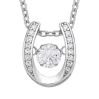 Simulated Diamond Dancing Horseshoe Pendant Necklace 20 Inches in Rhodium Over Sterling Silver 1.00 ctw