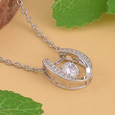 Simulated Diamond Dancing Horseshoe Pendant Necklace 20 Inches in Rhodium Over Sterling Silver 1.00 ctw