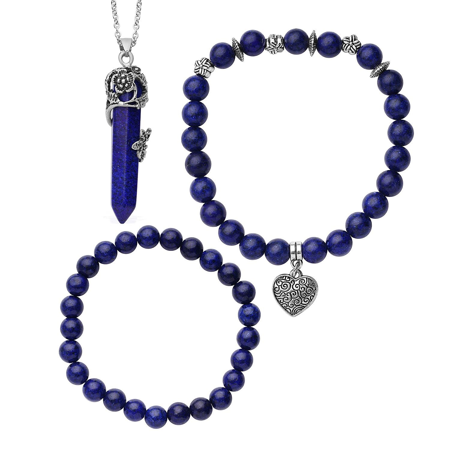 Lapis Lazuli Pendant and Set of 2 Beaded Stretch Bracelet in Silvertone with Stainless Steel Necklace 24 Inches 222.40 ctw