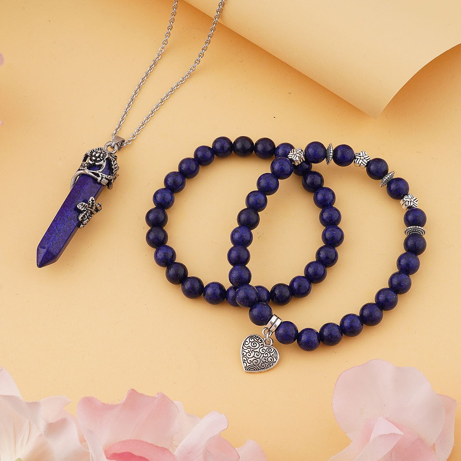 Lapis Lazuli Pendant and Set of 2 Beaded Stretch Bracelet in Silvertone with Stainless Steel Necklace 24 Inches 222.40 ctw