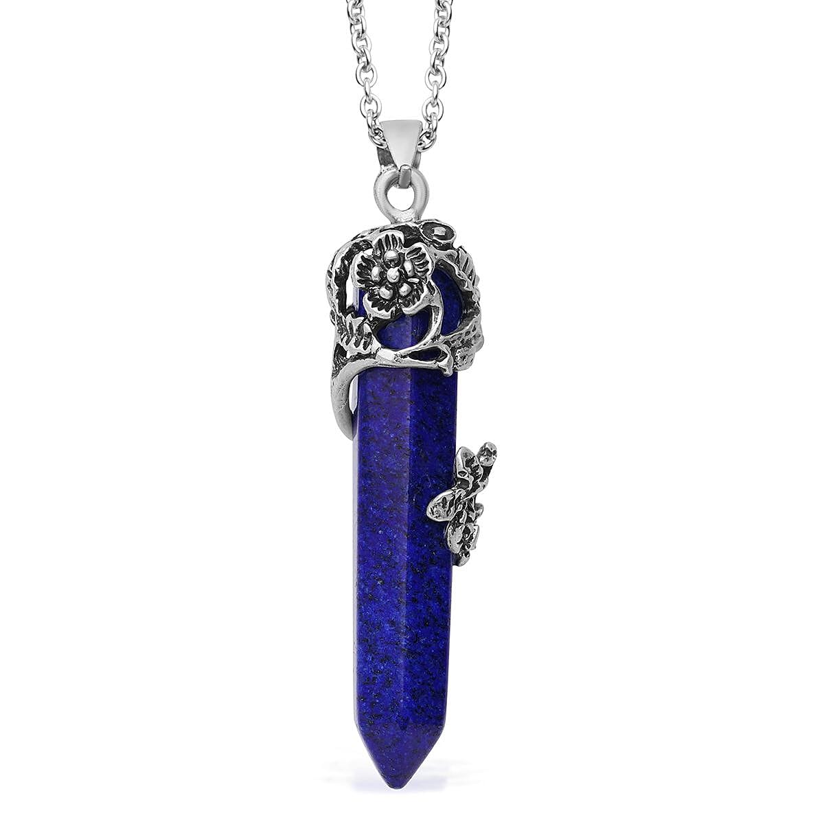 Lapis Lazuli Pendant and Set of 2 Beaded Stretch Bracelet in Silvertone with Stainless Steel Necklace 24 Inches 222.40 ctw