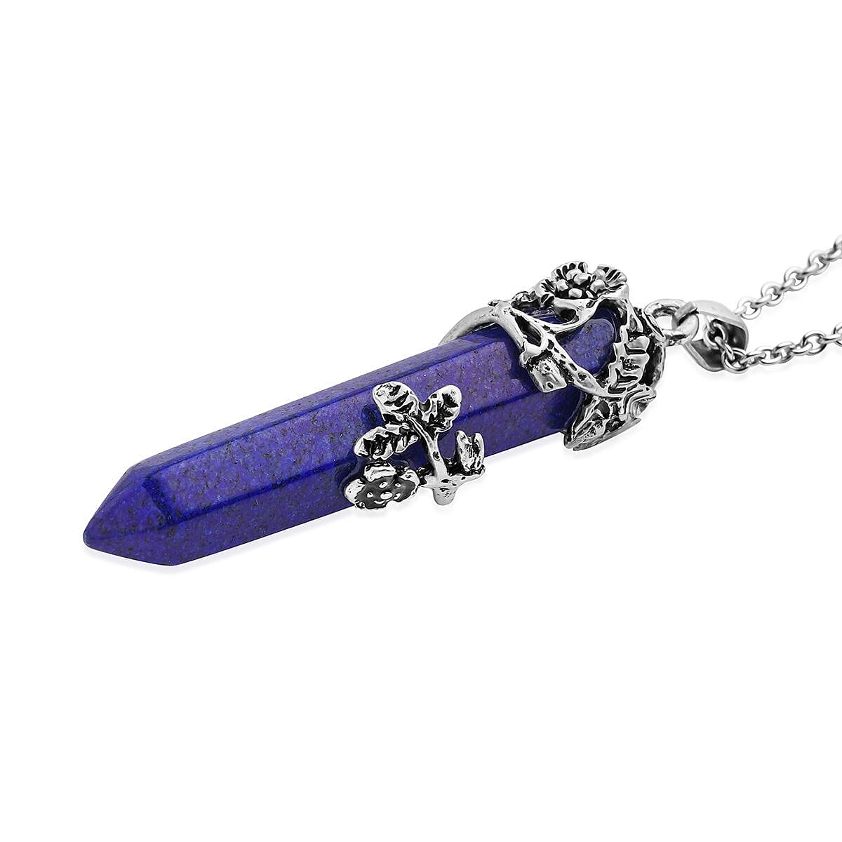 Lapis Lazuli Pendant and Set of 2 Beaded Stretch Bracelet in Silvertone with Stainless Steel Necklace 24 Inches 222.40 ctw