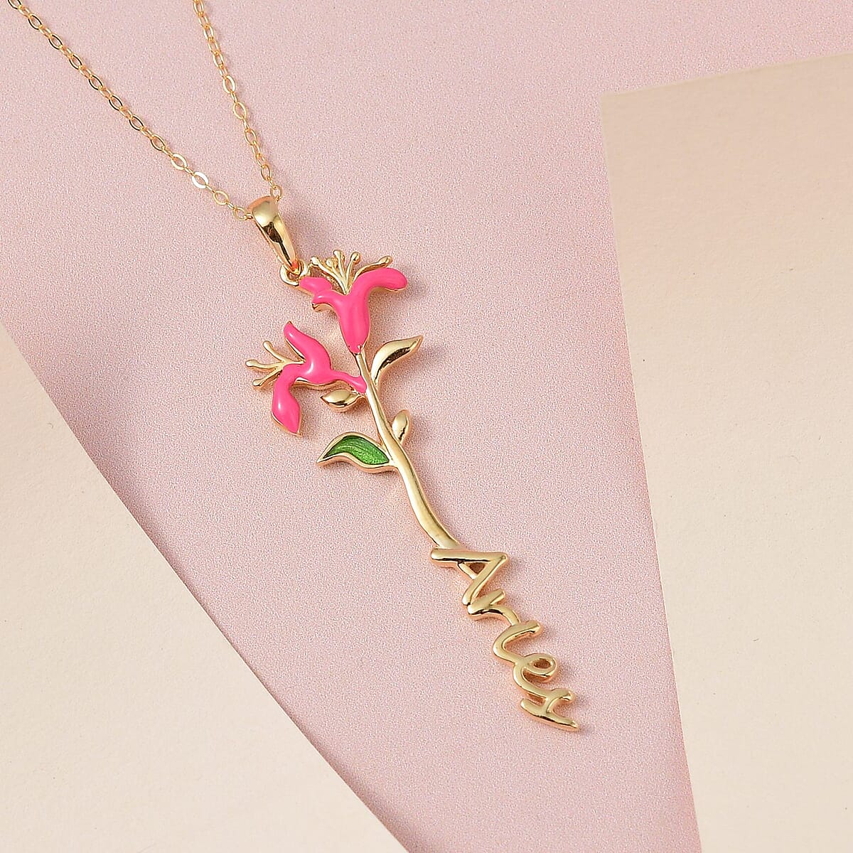 Pink and Green Enameled Aries Zodiac Birth Honeysuckle Pendant Necklace,Statement Jewlery,Gift For Women (16-18 Inches) in 14K YG Over Sterling Silver image number 1