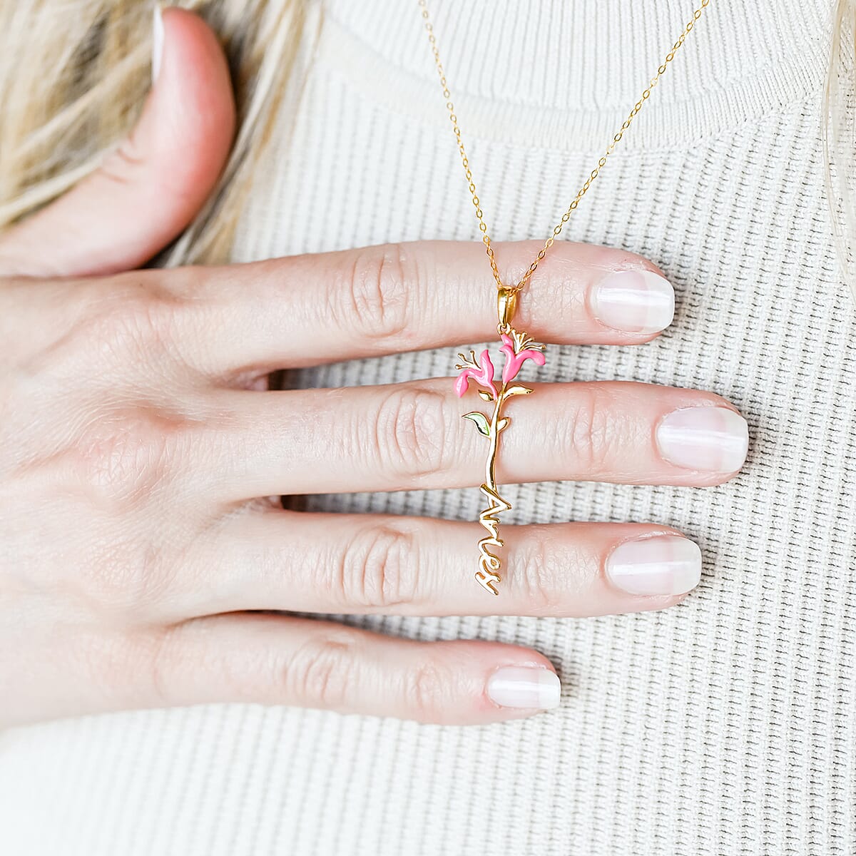 Pink and Green Enameled Aries Zodiac Birth Honeysuckle Pendant Necklace,Statement Jewlery,Gift For Women (16-18 Inches) in 14K YG Over Sterling Silver image number 3